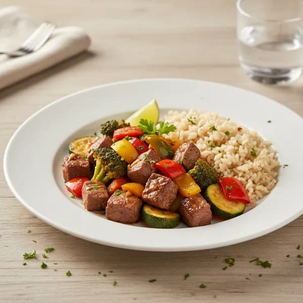 Salteado de Ternera con Verduras y Arroz Integral