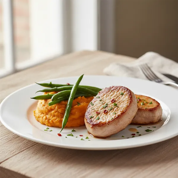 Filetes de Cerdo con Puré de Batata y Judías Verdes