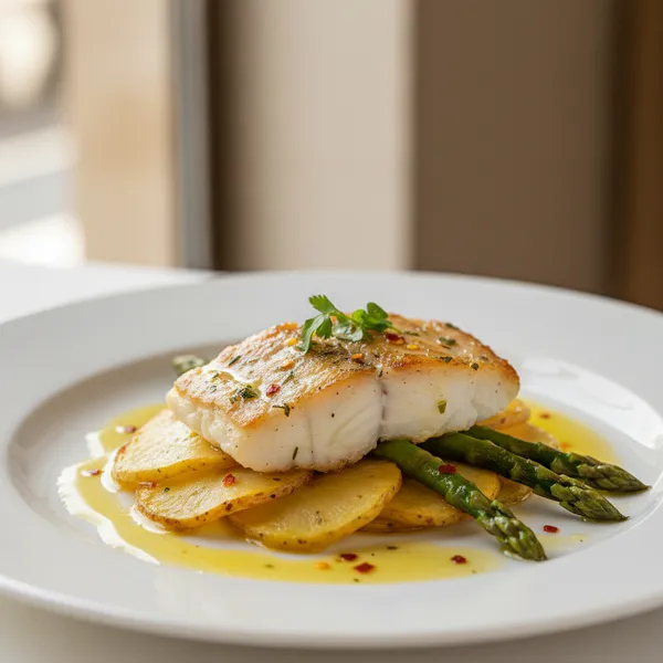 Pescado Blanco al Horno con Patatas Panadera y Espárragos