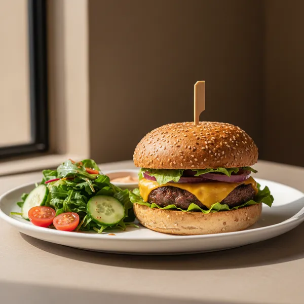 Hamburguesa Casera de Ternera con Pan Integral y Ensalada