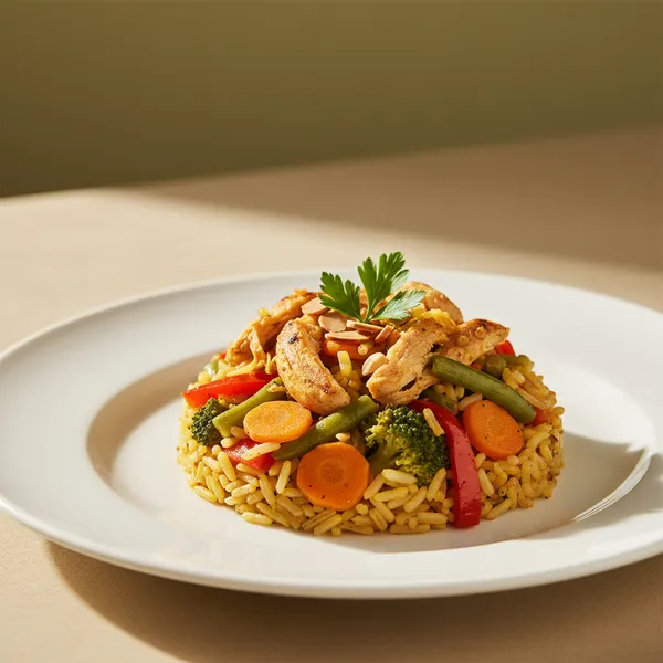 Arroz Integral con Pollo y Verduras Salteadas