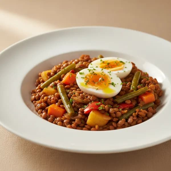 Lentejas Guisadas con Verduras y Huevo Duro