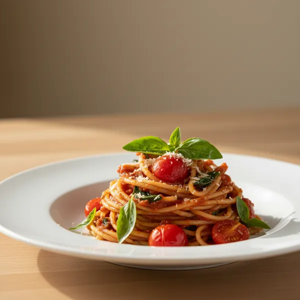 Espaguetis con tomate y albahaca