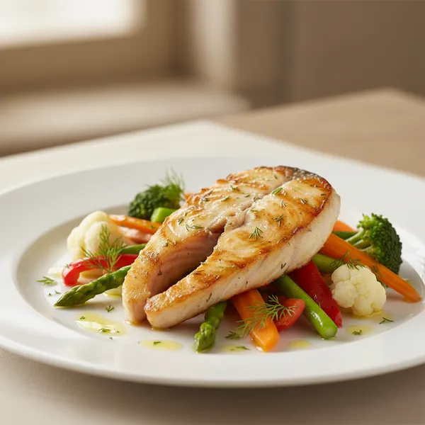 Emperador con verduras al vapor