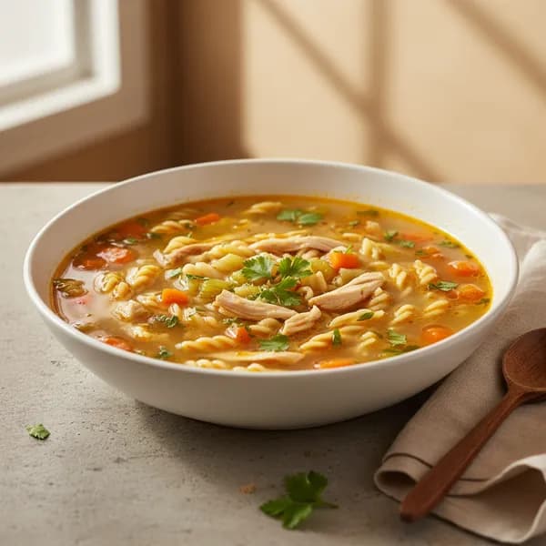 Sopa de pollo con fideos