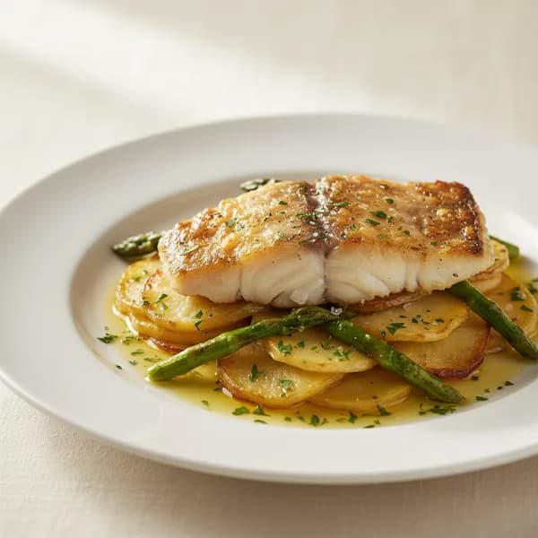 Merluza al Horno con Patatas Panaderas y Espárragos Verdes