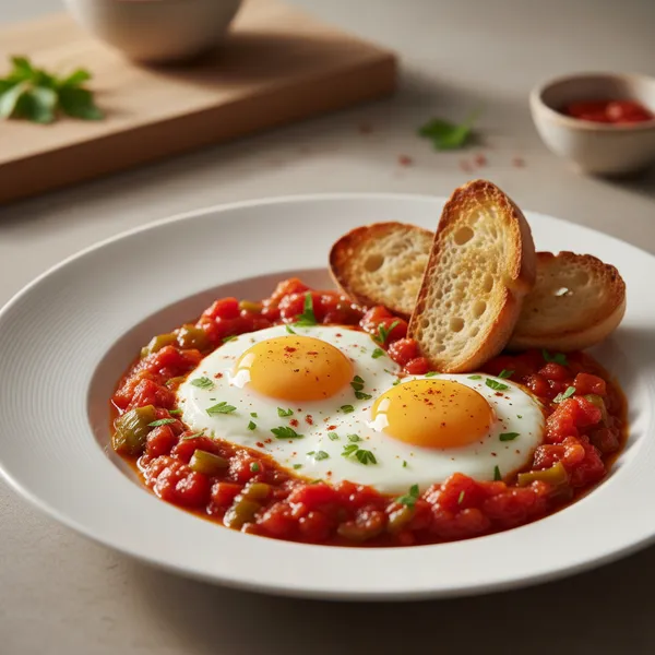 Huevos al plato con tomate y pimiento