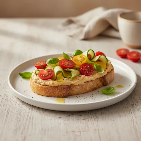 Tostada de hummus con tomate y pepino