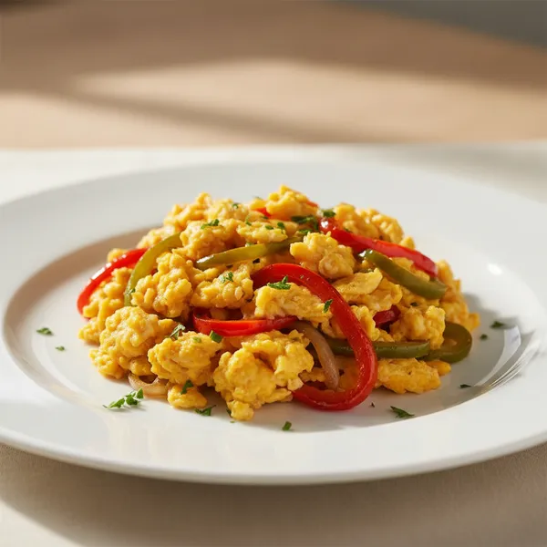 Revuelto de huevos con pimiento y cebolla