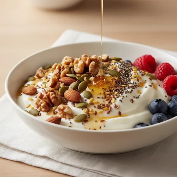Bol de yogur griego con nueces y semillas