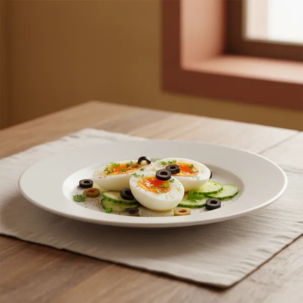 Huevos cocidos con aceitunas y pepino