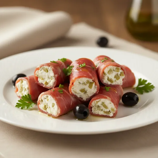 Rollitos de jamon con queso y aceitunas