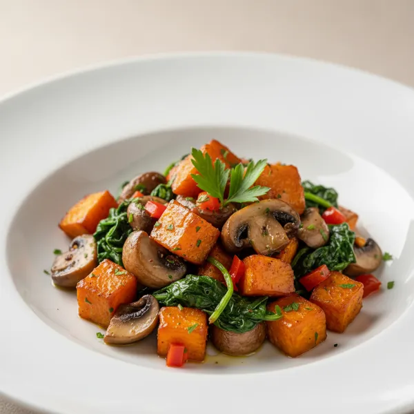 Salteado de champiñones con espinacas y boniato