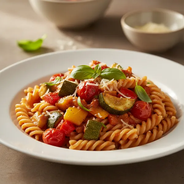 Pasta integral con salsa de verduras asadas