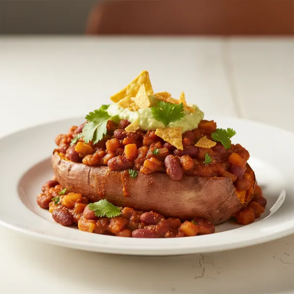 Boniato relleno de chili de alubias