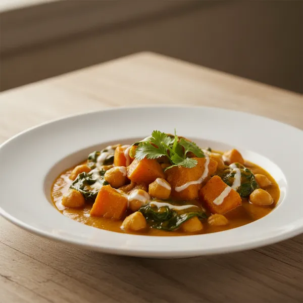 Curry de garbanzos con boniato y espinacas