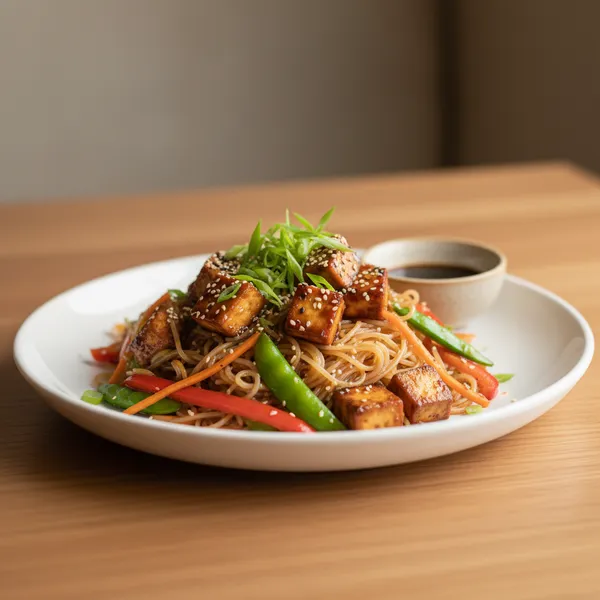 Salteado de tofu teriyaki con fideos de arroz
