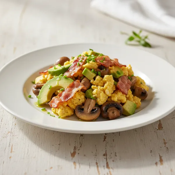 Revuelto de champiñones con aguacate y bacon