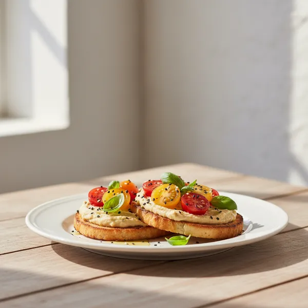 Tostadas con hummus y tomate cherry