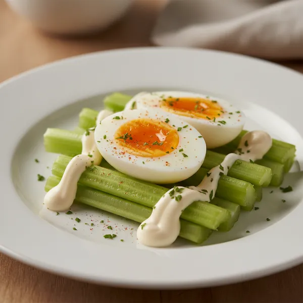 Huevo cocido con palitos de apio y mayonesa