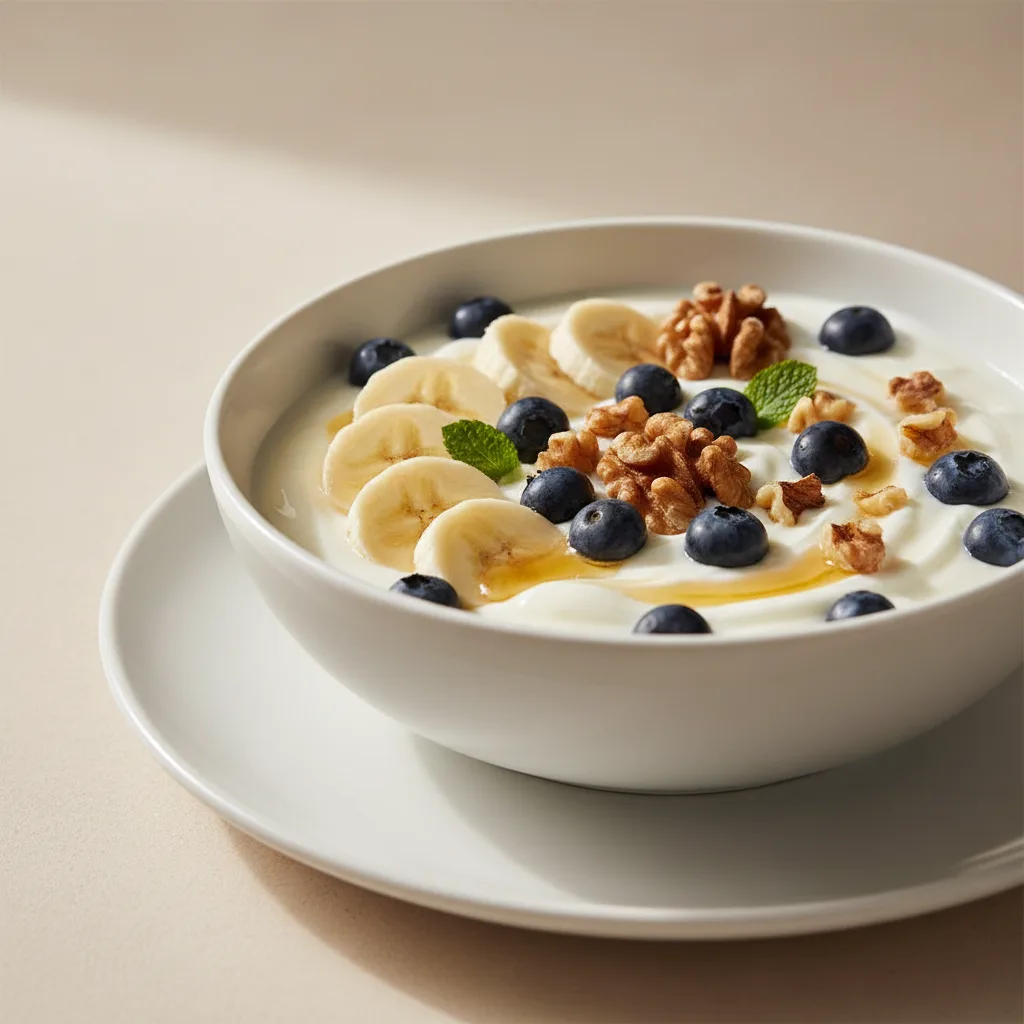 Bol de Yogur Griego con Plátano, Arándanos y Nueces