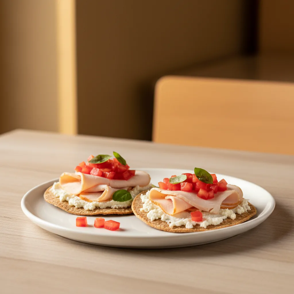 Tostadas Integrales con Queso Fresco, Pavo y Tomate