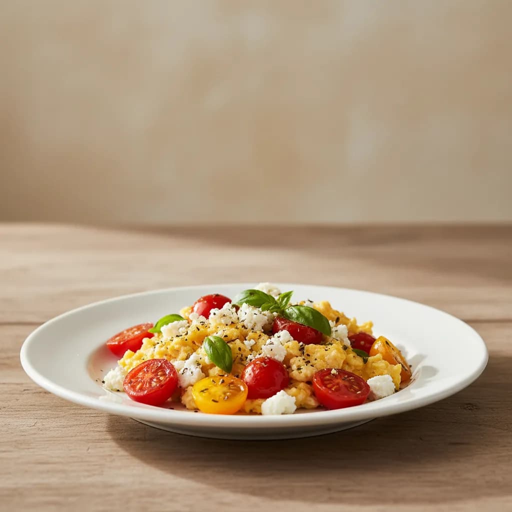 Huevos Revueltos Mediterráneos con Feta y Tomate Cherry