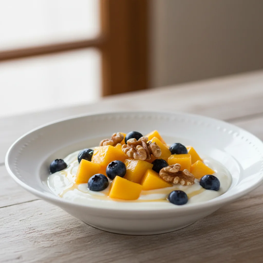 Cuenco de Yogur Griego con Mango, Arándanos y Nueces