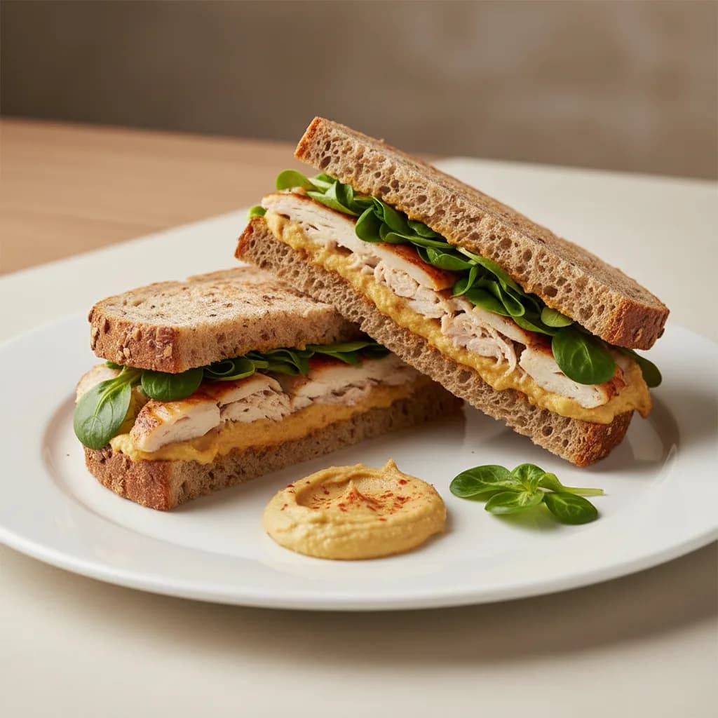 Bocadillo de Pan Integral con Pollo, Hummus y Canónigos