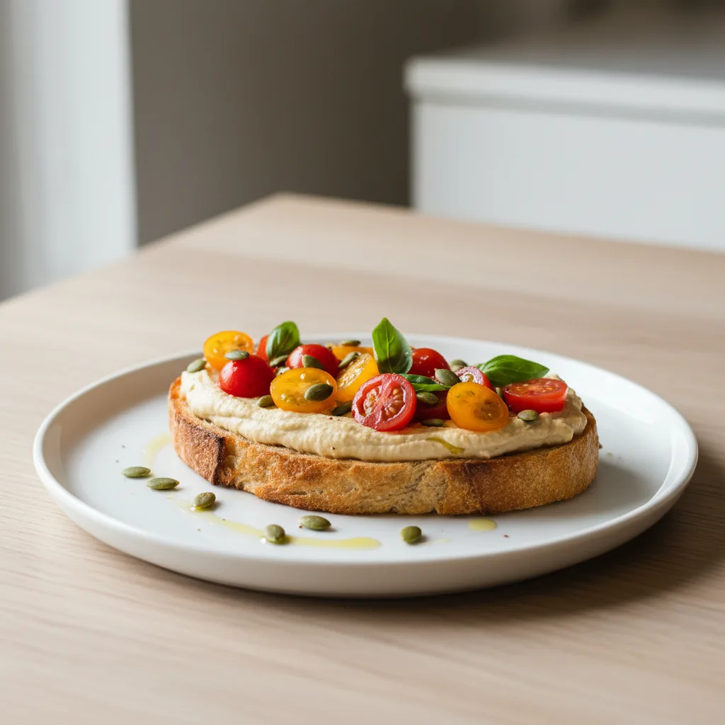 Tostada con Hummus, Tomate Cherry y Pipas de Calabaza