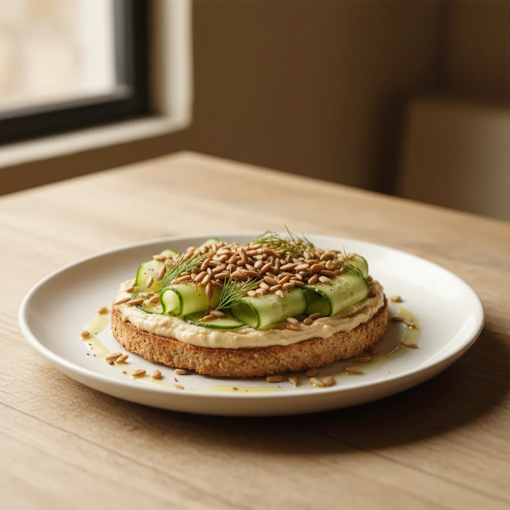 Tostada Integral con Hummus, Pepino y Pipas de Girasol