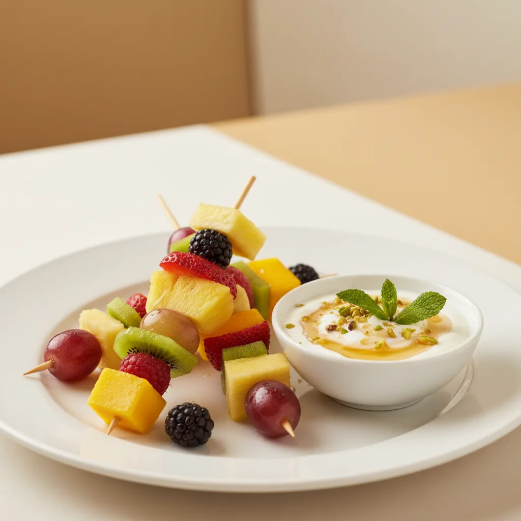 Brochetas de Frutas con Dip de Yogur Griego y Miel