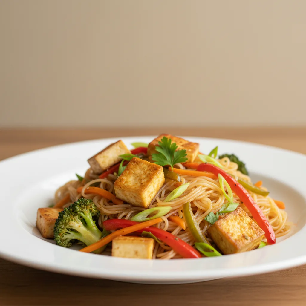 Tofu Salteado con Fideos de Arroz y Verduras