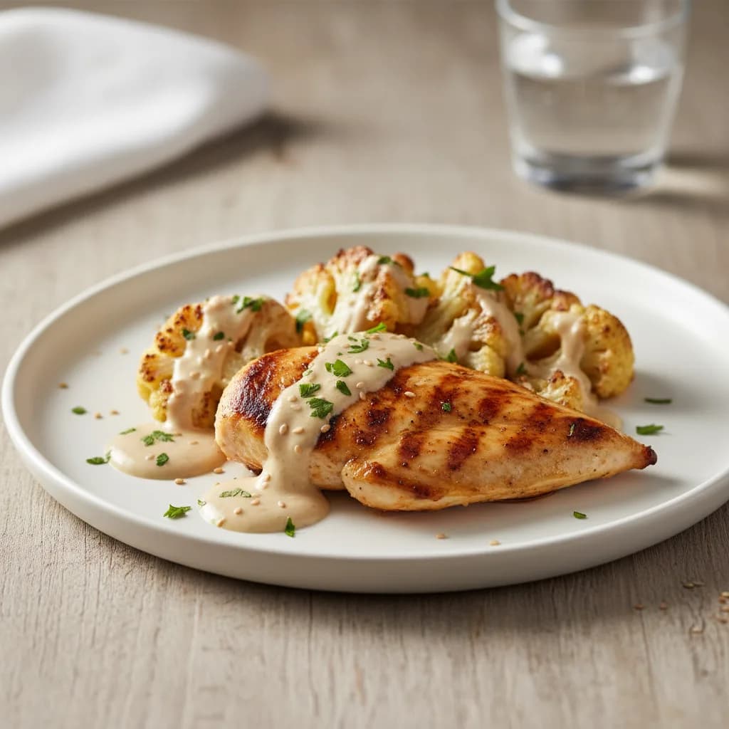Pechuga de Pollo a la Plancha con Coliflor Asada y Salsa Tahini