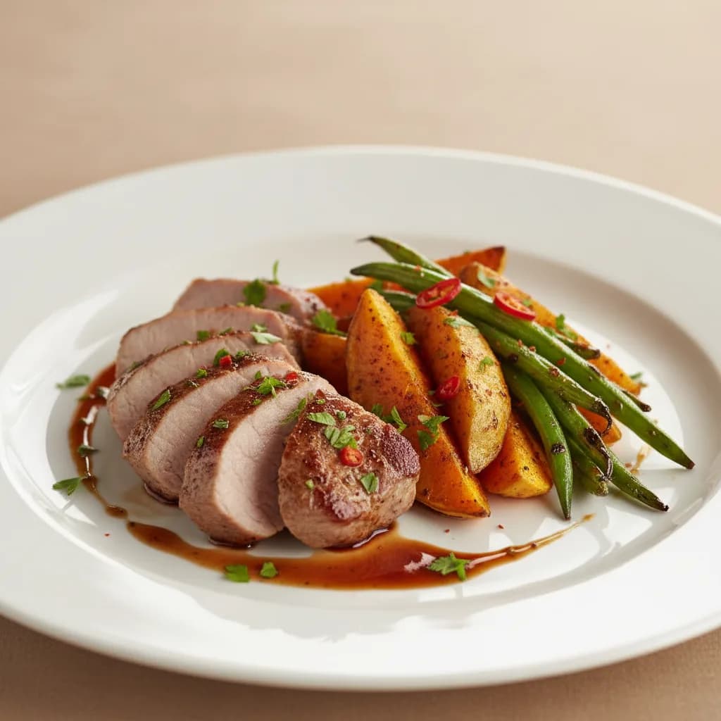 Solomillo de Cerdo con Boniato Especiado y Judías Verdes
