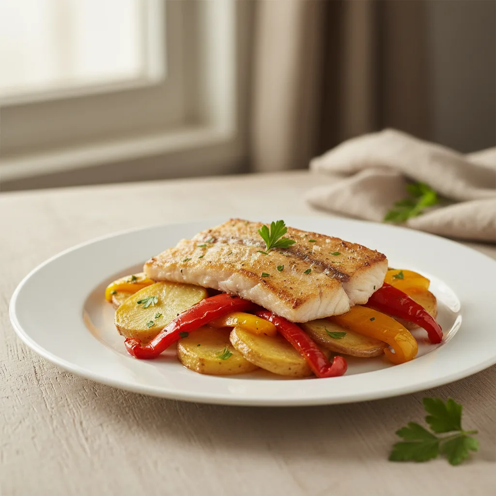 Merluza al Horno con Patatas y Pimiento