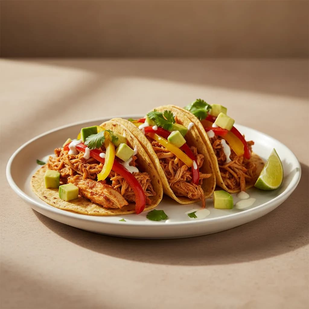 Tacos de Pollo Deshilachado con Aguacate y Pimiento