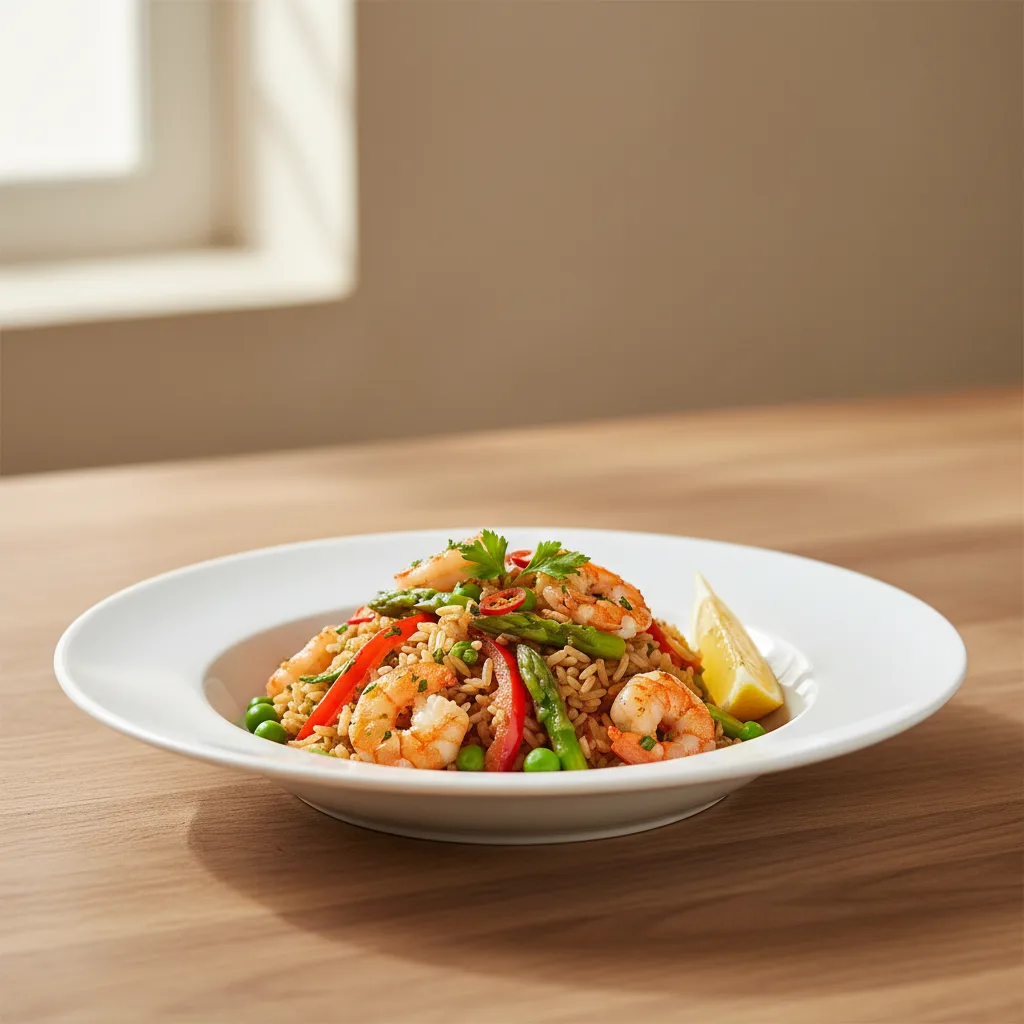 Arroz Integral con Verduras y Gambas