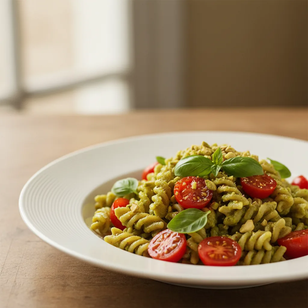 Pasta de Trigo Integral con Pesto de Aguacate y Tomate Cherry