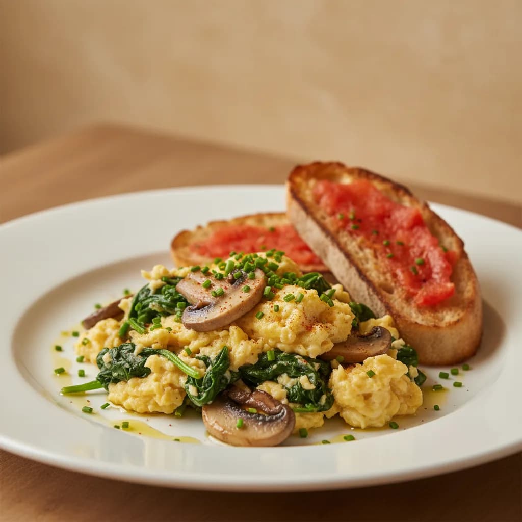 Huevos Revueltos con Espinacas y Champiñones