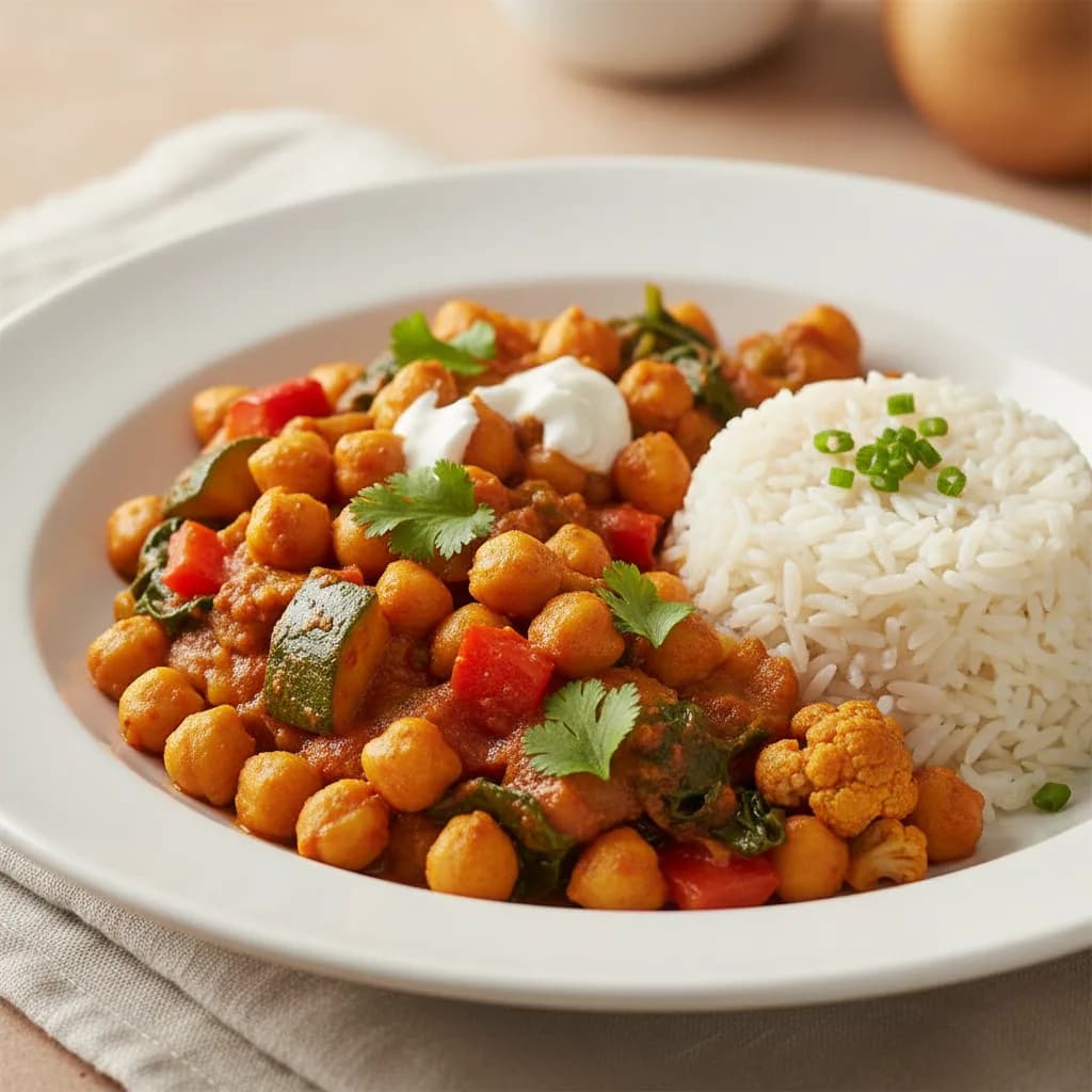 Curry de Garbanzos y Verduras con Arroz Basmati Ligero