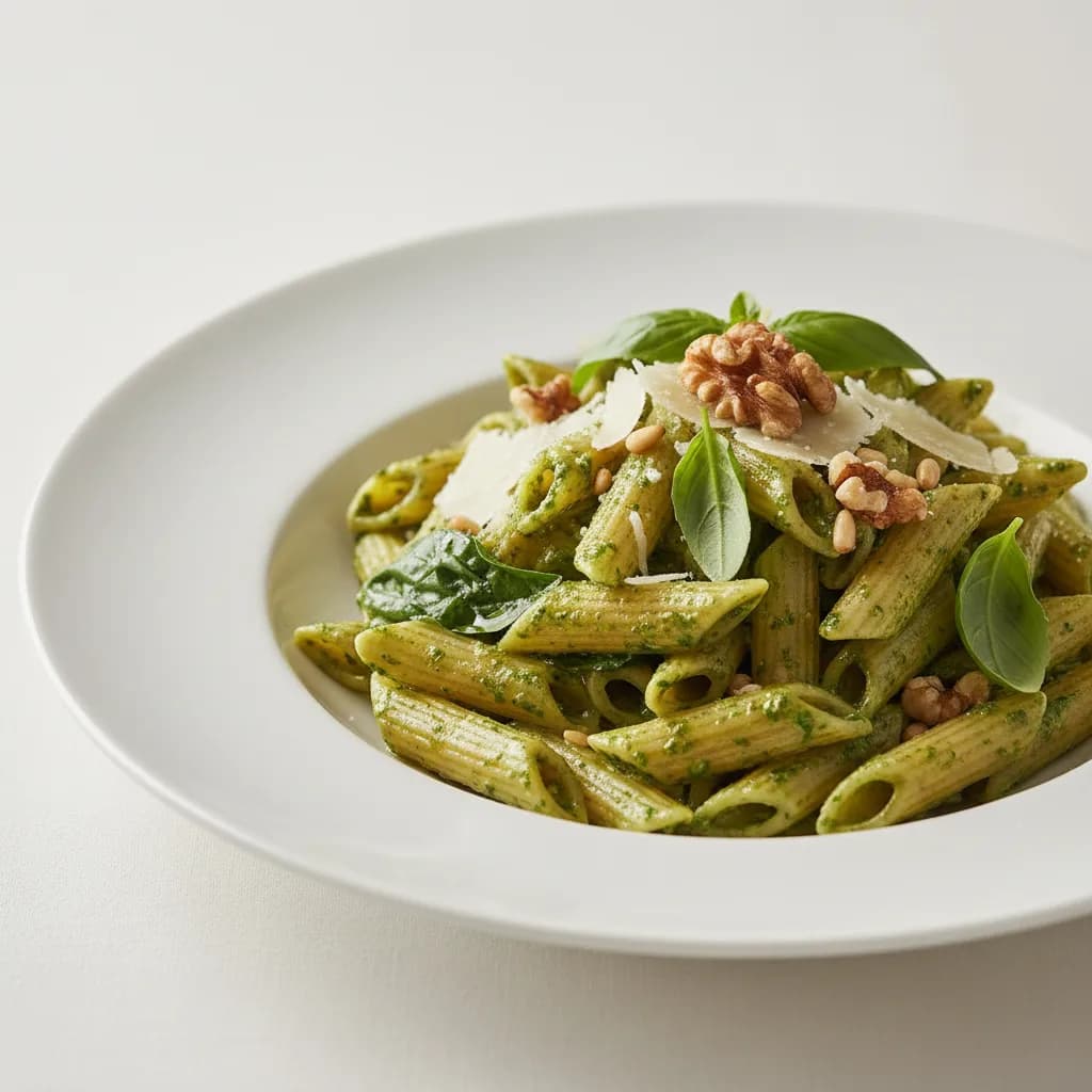 Pasta Penne con Pesto de Espinacas y Nueces