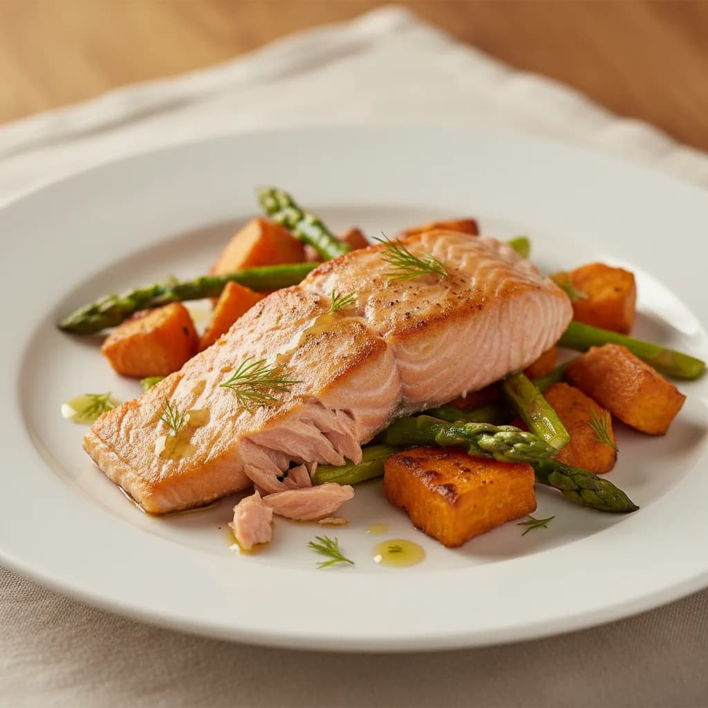 Lomo de Salmón a la Plancha con Boniatos Asados y Espárragos
