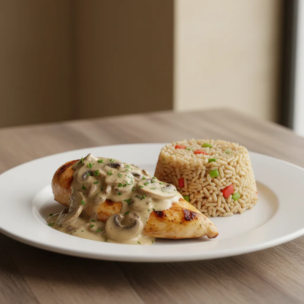 Pechuga de Pollo con Salsa Cremosa de Champiñones y Arroz Integral