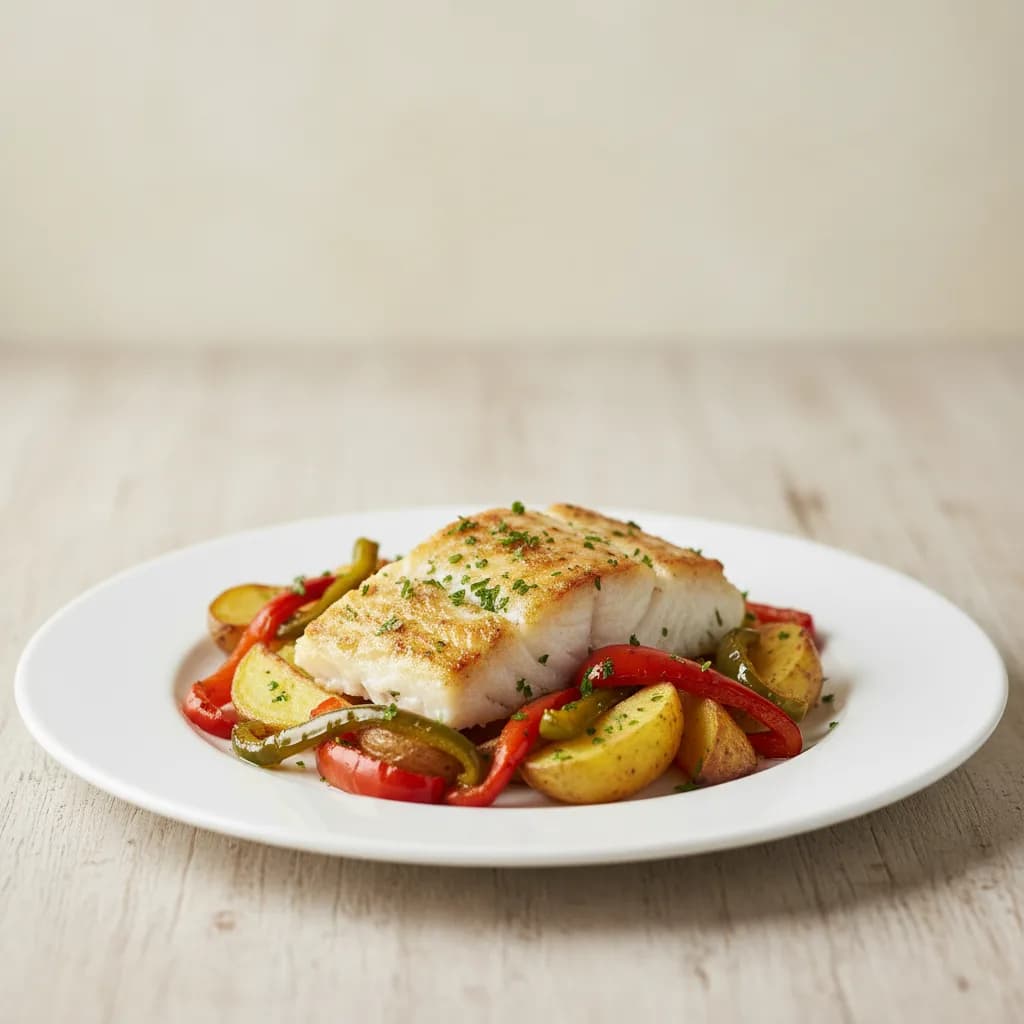 Bacalao Asado con Patatas y Pimientos al Horno