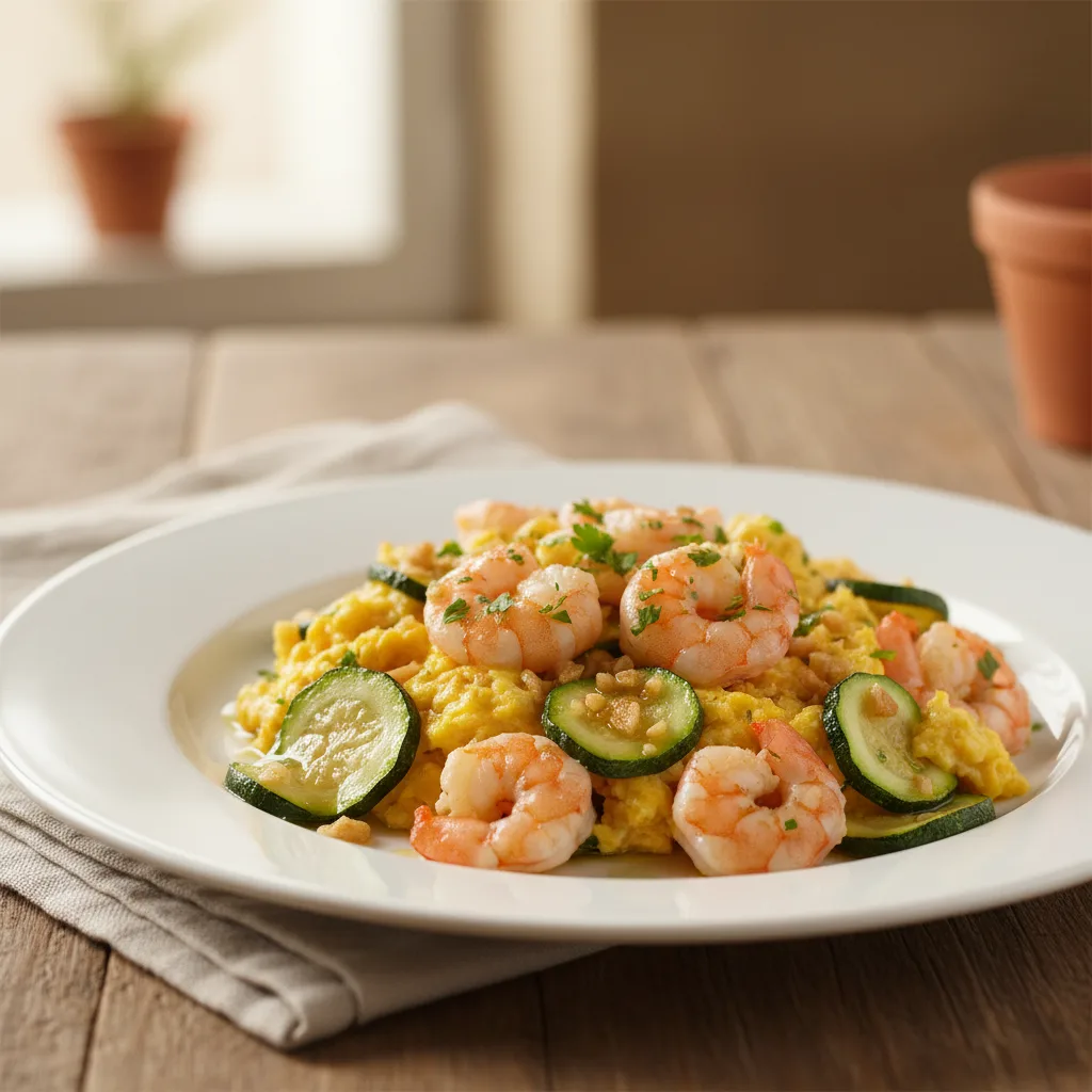 Huevos Revueltos con Gambas, Calabacín y Ajo