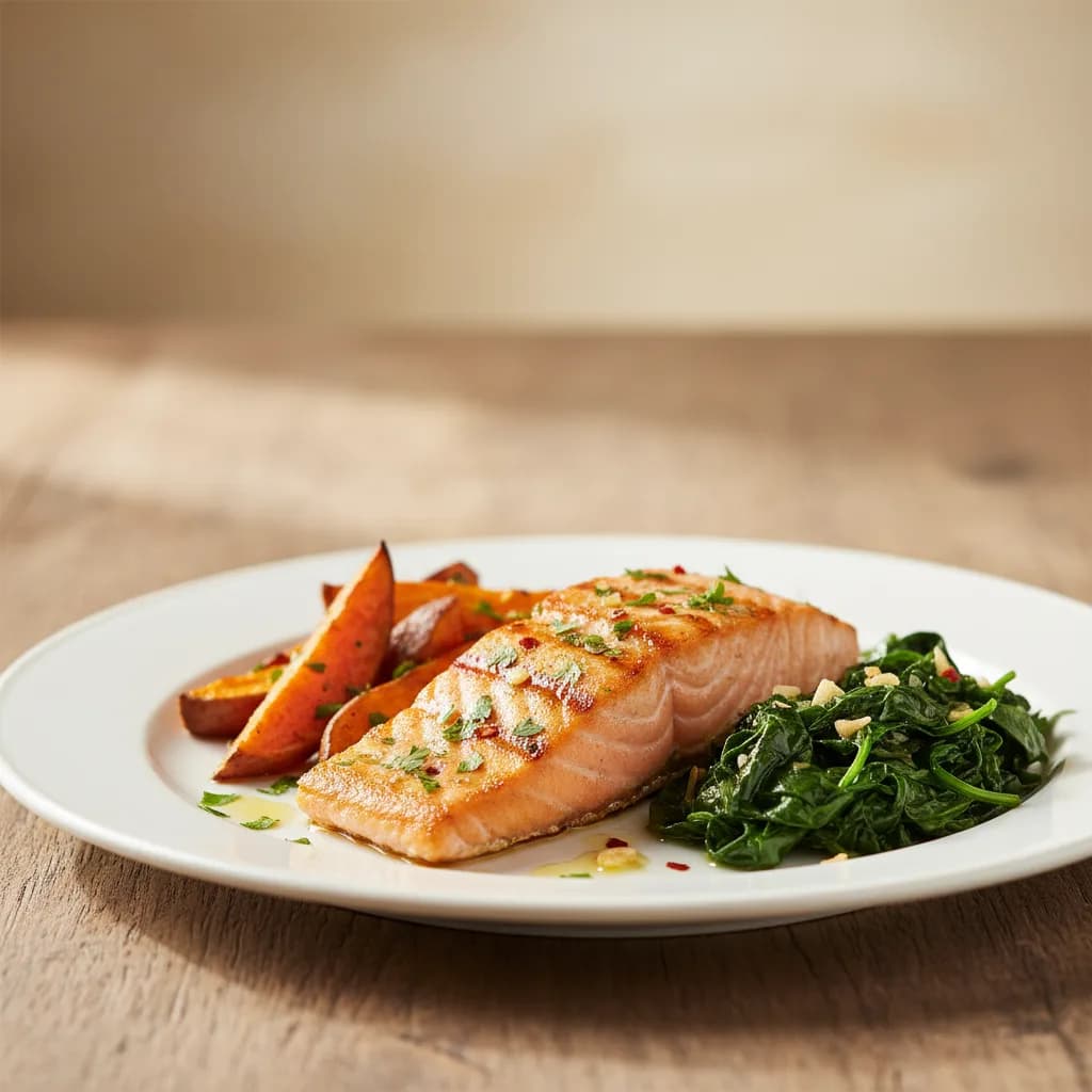 Salmón a la Plancha con Boniatos y Espinacas