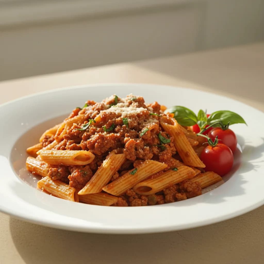 Penne con Carne Picada y Tomate