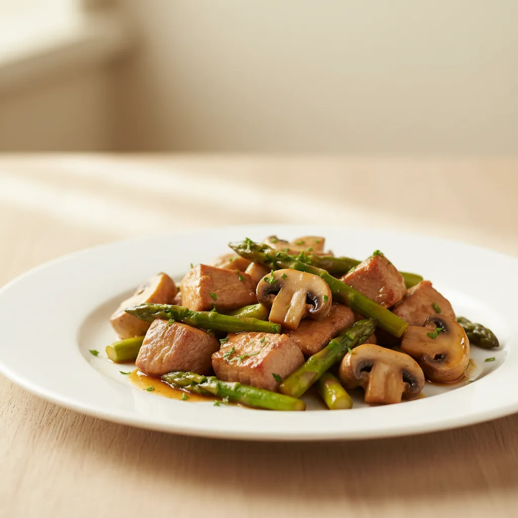 Salteado de Cerdo con Champiñones y Espárragos