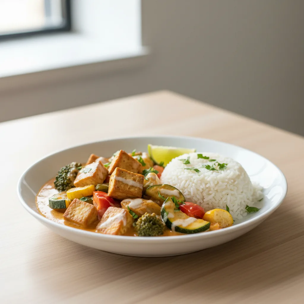Curry de Tofu y Verduras con Leche de Coco y Arroz Basmati